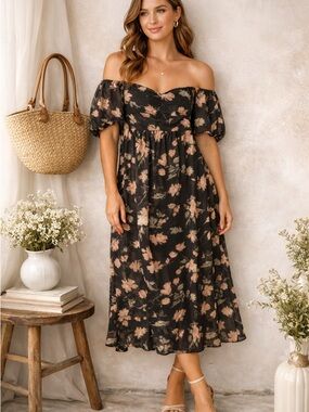 Ashley Rose Black Floral Off Shoulder Dress NWT Boho Midi Flowing Lined Size L